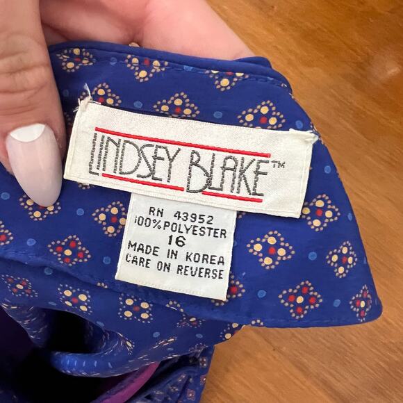 Vintage 80s Lindsey Blake Cobalt Blue Asymmetrical Button Blouson Top, 16 - Picture 6 of 6